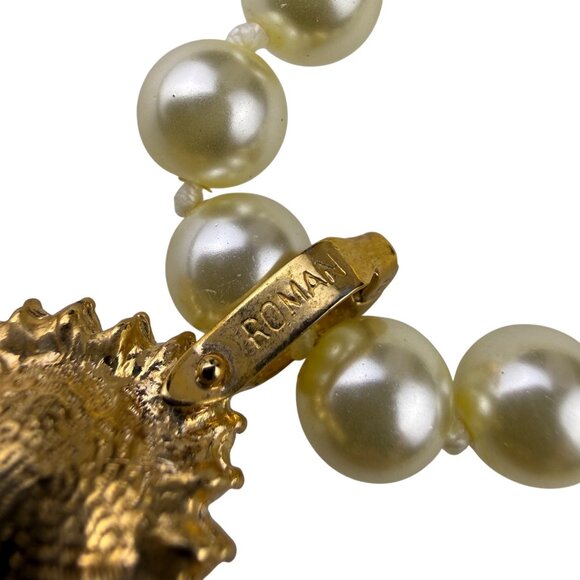 Vintage Roman Faux Pearl & Rhinestone Gold Tone Necklace & Clip-On Earrings Set - Picture 7 of 9